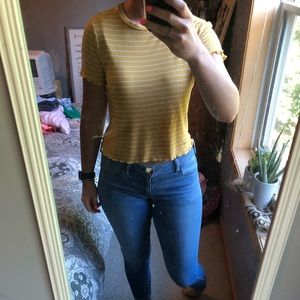 Yellow and white striped ruffle shirt